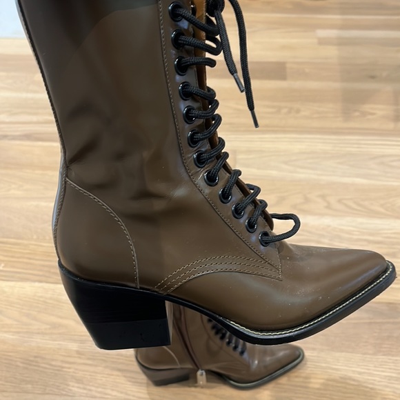 CHLOE Runway Rylee army green leather block heel pointed toe boot EU37.5 - Picture 5 of 6